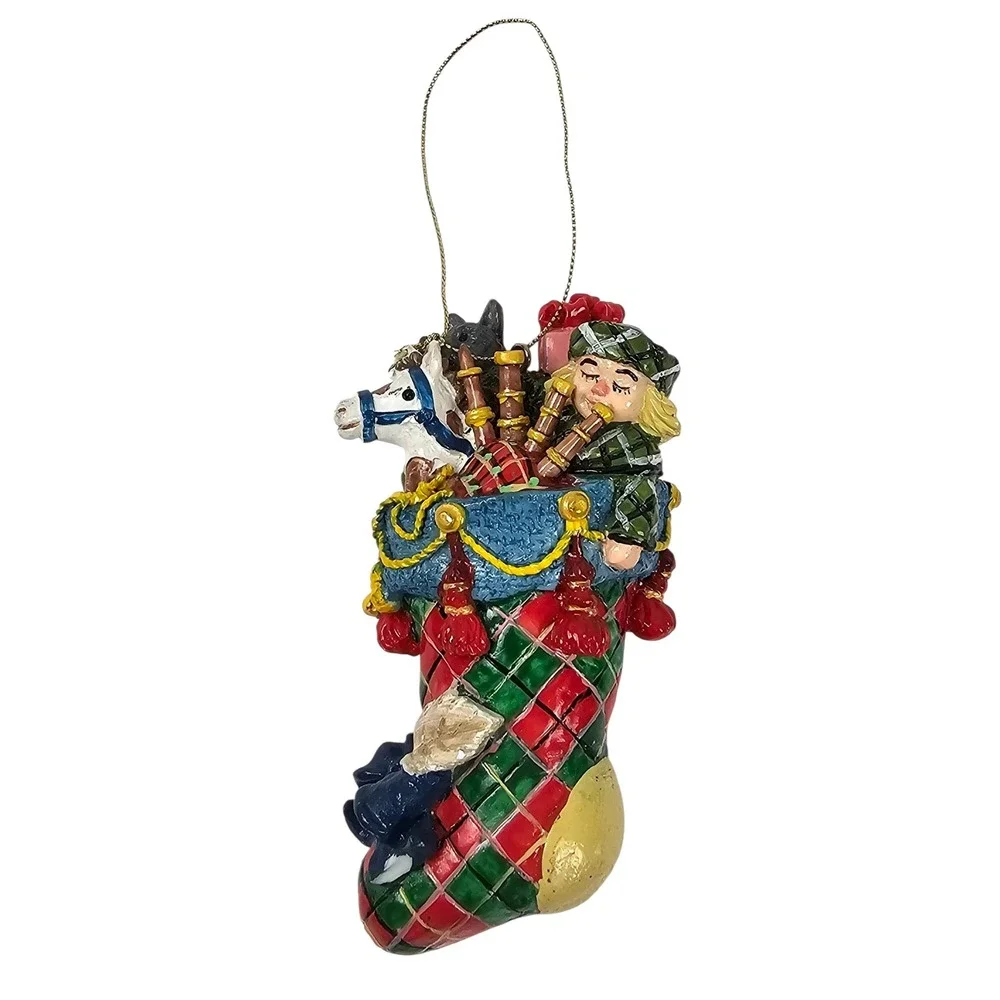 Resin Scottish‎ Stocking Ornament Boy Bagpipes Horse Christmas Decoration